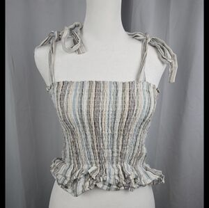 Smocked Tie Strap Cami Tank Top Small Linen Blend Striped Boho Bohemian Twiggy